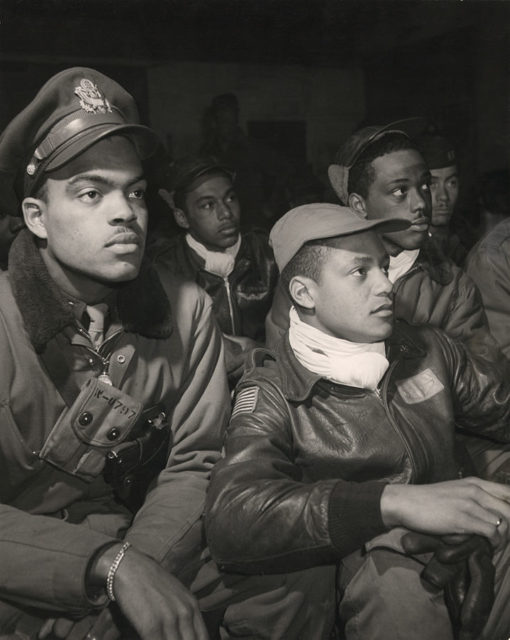 Men of the 332nd Fighter Group attend a briefing in Italy in 1945.