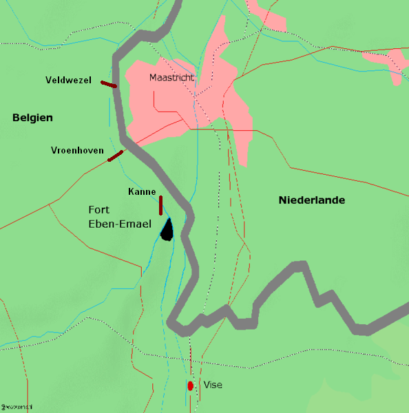 Map of the area between Belgium and the Netherlands near Fort Eben-Emael. By MisterBee1966 Public Domain. 