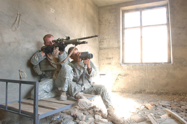 A U.S. Army sniper team from Jalalabad Provincial Reconstruction Team. By Cpl. Bertha Flores, U.S. Army - Public Domain.