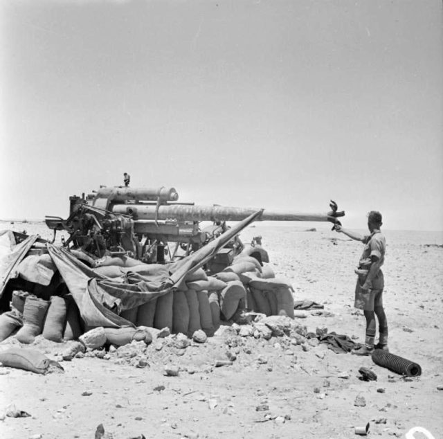 A German 88mm anti-tank gun captured and destroyed by New Zealand troops near El Alamein, 17 July 1942.
