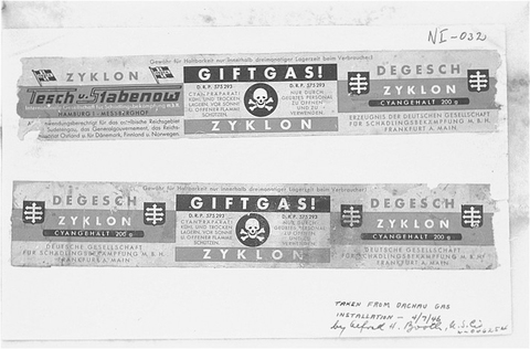 Zyklon B labels from Dachau concentration camp used as evidence at the Nuremberg trials. The first and third panels contain manufacturer information and the brand name. The centre panel reads "Poison Gas! Cyanide preparation to be opened and used only by trained personnel".