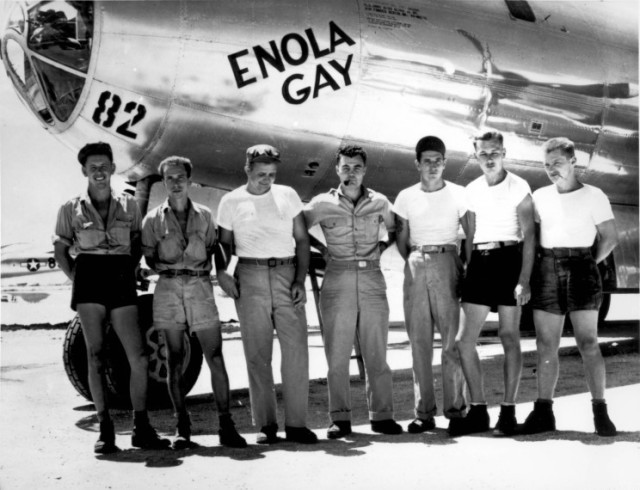 The ground crew of the B-29 Enola Gay which atom-bombed Hiroshima, Japan. Col. Paul W. Tibbets, the pilot is the center. Marianas Islands. (U.S. Air Force photo).