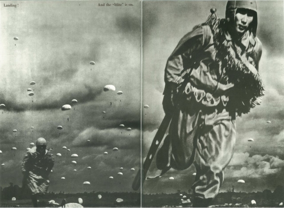 Teishin Shudan (Raiding Group) paratroopers landing during the battle of Palembang, February 1942. Two photographs were used in this montage created by Ogawa Toraji using an airbrush. It was not possible at the time to take such wide angles in one shot.