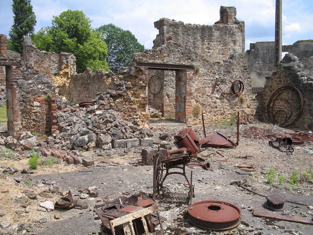 Wrecked hardware – bicycles, sewing machines etc. – are still left in Oradour-sur-Glane