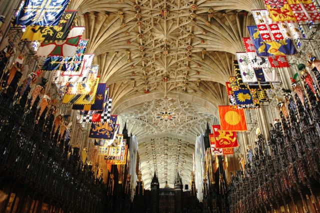 The English Gothic vaulted ceiling of St George's Chapel, Windsor Castle. Photo Credit.
