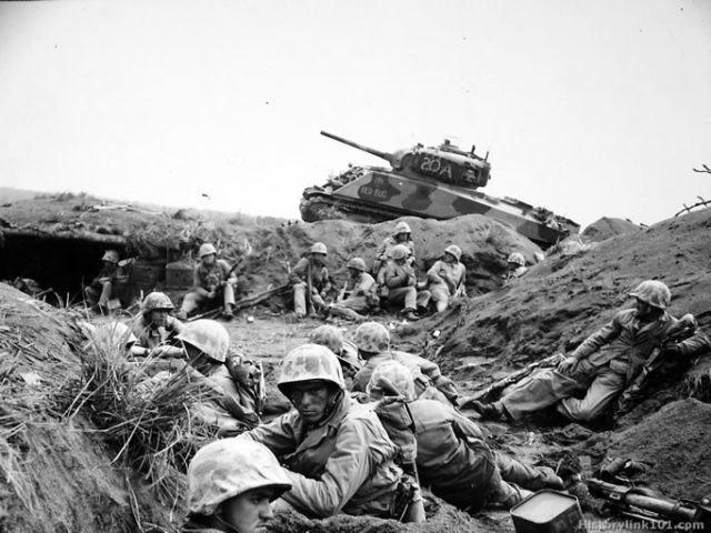 Marines from the 24th Marine Regiment during the Battle of Iwo Jima.