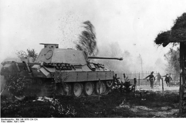 Panther tank in action. Somewhere on Soviet territory, 1944 [via]