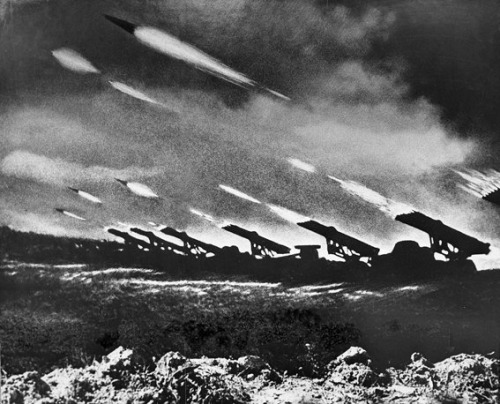 Katyusha during rocket barrage, Operation Bagration. 22 June 1944 [via]