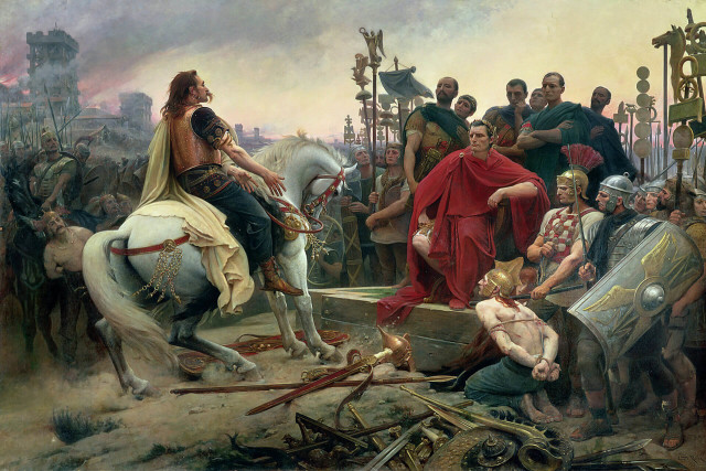 Vercingetorix surrenders his arms to Caesar (Lionel Royer – Musée CROZATIER du Puy-en-Velay, Public Domain, commons-wikimedia