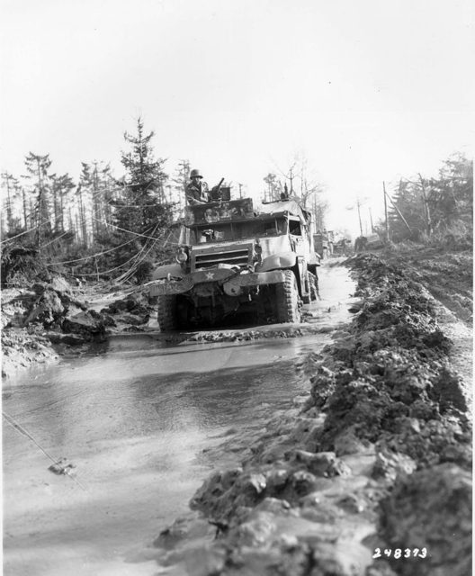 A U.S. halftrack of the 16th Infantry Regiment/1st U.S. Division in the Hürtgen Forest, 15 February 1945.
