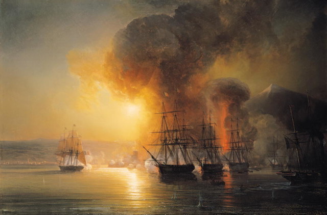 Théodore Gudin's depiction of the Baudin's attack on San Juan de Ulúa in 1838 with Veracruz to the left