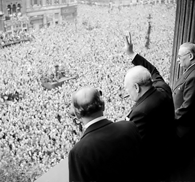 Churchill on May 8, 1945 announcing the end of WWII to a crowd in London