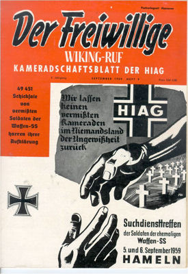 1959 cover of Der Freiwillige with a reference to the HIAG meeting in Hamelin. The gathering is termed Suchdiensttreffen ("tracing service meeting"), but was in fact a large-scale convention with 15,000 members attending. 