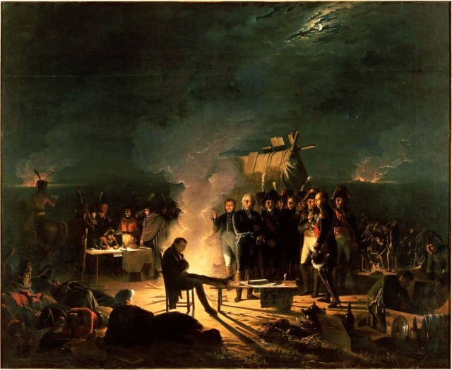 Napoleon snatches a moment's rest on the battlefield of Wagram, his staff and household working around him.