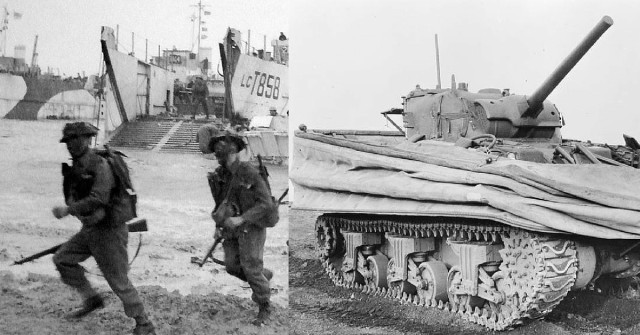 Left: Troops storm ashore on Gold Beach. By Midgley (Sgt) No 5 Army Film & Photographic Unit. Right: Sherman DD (Duplex Drive) amphibious tank with waterproof float screens. By Photographer not identified. "Official photograph".Post-Work: User: W.wolny - This is photograph MH 3660 from the collections of the Imperial War Museums (collection no. 5207-04), Public Domain.