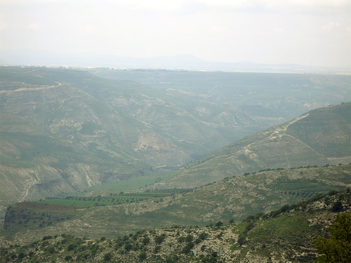 Across the ravines lies the battlefield of Yarmouk, a picture taken 8 miles from battlefield, from Jordan. Photo Credit.