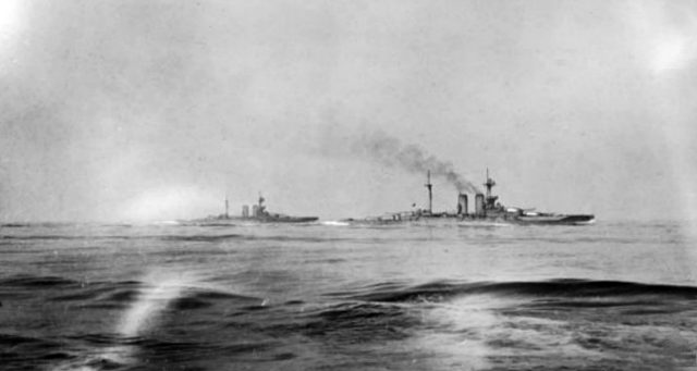 HMS Warspite and Malaya, seen from HMS Valiant at around 14:00 hrs.
