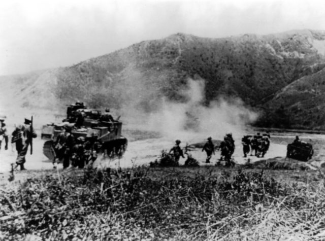 Gurkhas advancing with Lee tanks to clear the Japanese from Imphal-Kohima road.