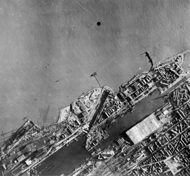 The Normandie Dock months after the raid. The wreck of HMS Campbeltown can be seen inside the dry dock.