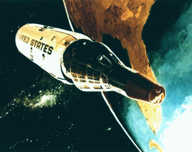 A 1967 conceptual drawing of the Gemini B reentry capsule separating from the MOL at the end of a mission.