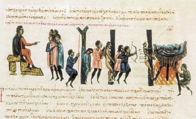 Madrid Skylitzes illuminated manuscript depicting Byzantine Greeks punishing ninth-century Cretan Saracens.