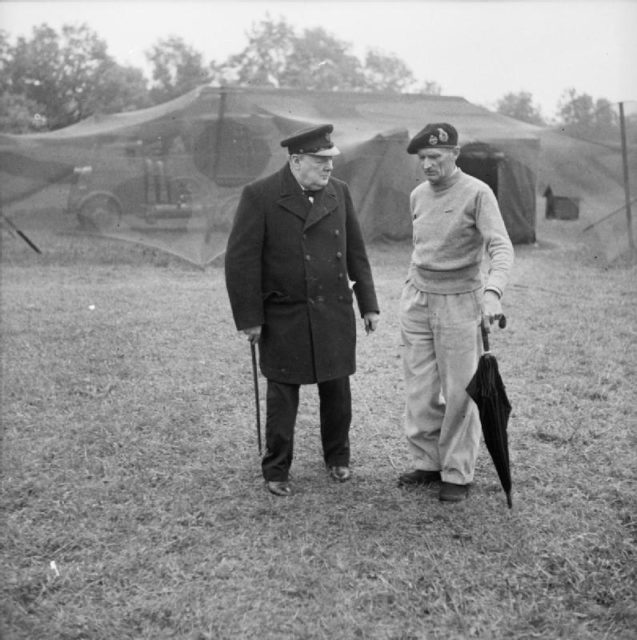 Prime Minister Churchill with General Montgomery at the latter’s HQ in Normandy, July 1944.