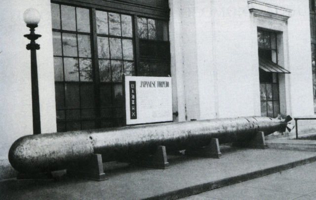Type 93 torpedo, recovered from Point Cruz, Guadalcanal, on display outside U.S. Navy headquarters in Washington, D.C., during World War II.