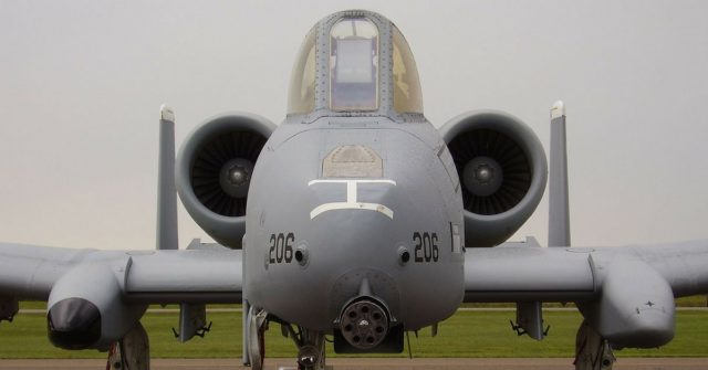 Front view of an A-10 showing the 30 mm cannon and offset front landing gear. Photo Credit.