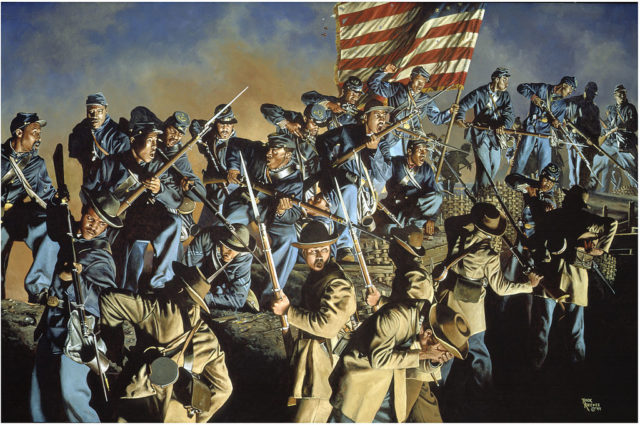 The painting The Old Flag Never Touched the Ground, which depicts the 54th Massachusetts Volunteer Infantry Regiment at the attack on Fort Wagner, South Carolina, on July 18, 1863. Wikimedia Commons / Public Domain