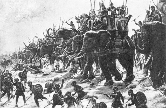 Carthaginian war elephants engage Roman infantry at the Battle of Zama.