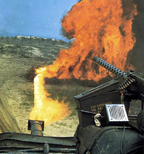 A US Marine Corps M67 flame-thrower tank in Vietnam, 1968. An M1919A4 MG is mounted on the commander's cupola to the right [Via].