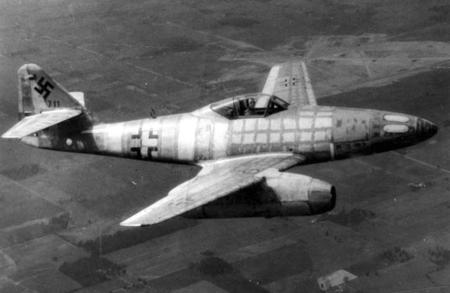This airframe, Wrknr. 111711, was the first Me 262 to come into Allied hands when its test pilot defected in March 1945. It was subsequently lost in August 1946, the US test pilot parachuting to safety.