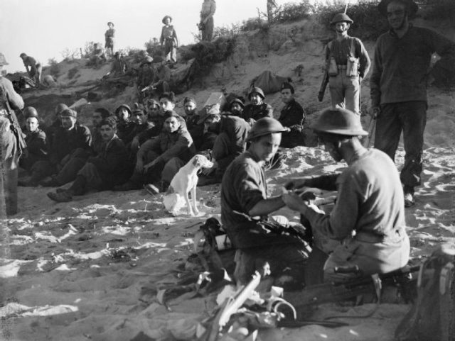 British wounded being treated, and Italian prisoners of war waiting to be evacuated from the beach on the first day of the invasion of Sicily, 10 July 1943. [© IWM (A 17912)]