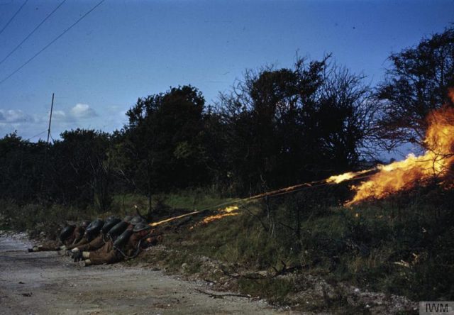 A Life Buoy flamethrower in action. This could produce a jet of flame up to 50 feet in length [© IWM (TR 2318)]