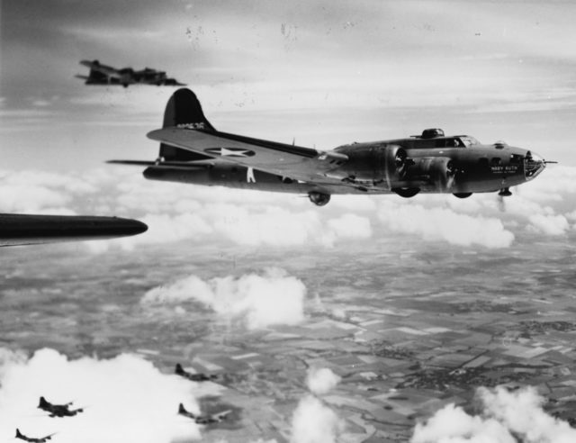  B-17F “Mary Ruth - Memories of Mobile” and the 401st Bomb Squadron flying toward the German U-boat pens at Lorient, France, May 17 1943. This photo was taken from B-17 “Memphis Belle” on her last combat sortie (United States National Archives).