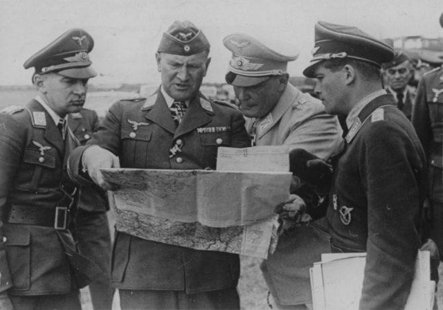Reichsmarschall Hermann Goering, Chief of the Luftwaffe; Lieutenant General Bruno Lertser and Chief of the General Staff of the Luftwaffe General Hans Jeschonnek studies the map during the Battle of Britain. [Via]