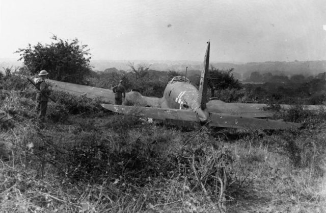 Troops guard the wreck of Heinkel He 111P (W.Nr 1582: G1+FR) of 7./KG 55, which was shot down during an attack on Great Western Aerodrome (now Heathrow) and crash-landed at High Salvington near Worthing, 16 August 1940. [© IWM (HU 72684)]