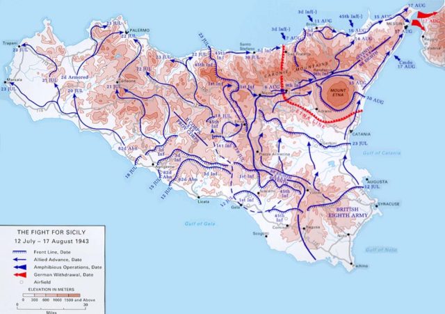 Map of the advancing lines of the Allies in Sicily during Operation Husky. [Public Domain]