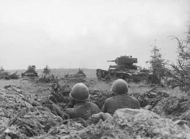 Battle of Smolensk. T-26 tanks during advance. August 1941 [Via].