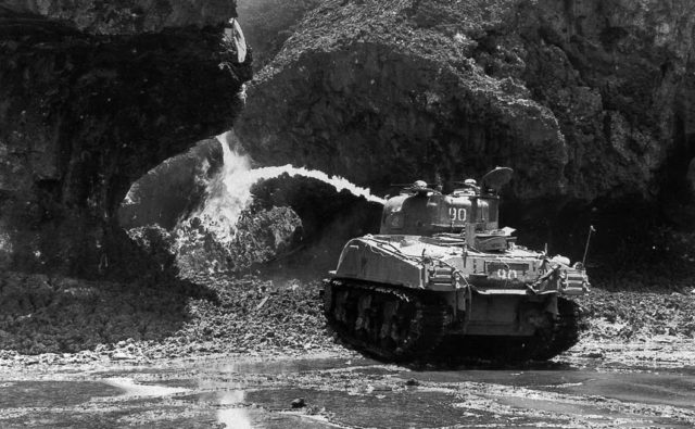 An M4 Sherman Flamethrower Tank Battalion 713 attacked a cave in southern Okinawa [Public Domain]
