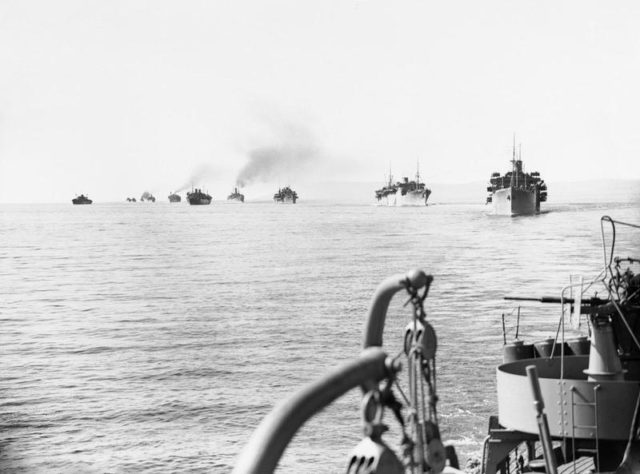 The Sicily Landings 9-10 July 1943: A small section of the vast armada of ships which took part in the invasion of Sicily as photographed from landing ship headquarters HILARY at dawn of the first day of the invasion of the island. [© IWM (A 17945)]