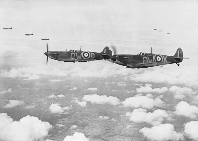 Supermarine Spitfire Mark Is of No. 610 Squadron based at Biggin Hill, flying in ‘vic’ formation, July 24, 1940.
