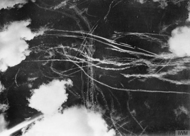 Pattern of condensation trails left by British and German aircraft after a dog fight. [© IWM (H 4219)]