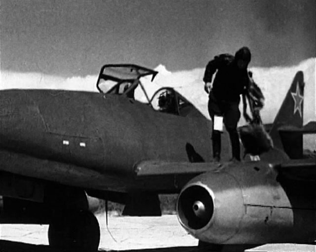 Test pilot, engineer, lieutenant colonel Andrei Kochetkov conducts tests of the German jet aircraft Me-262. 