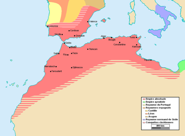 The Almohad empire at its greatest extent, c. 1180–1212. Source : Wikipedia