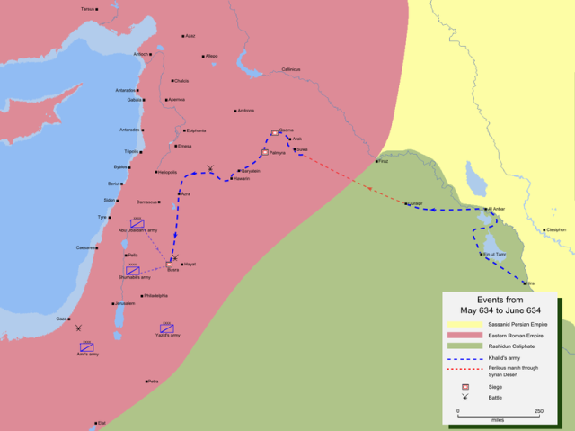 Map detailing the route of Khalid ibn Walid's invasion of Syria. Image: Wikipedia