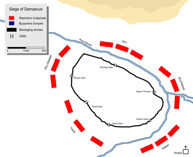 Muslim troop deployment (Red) during the siege of Damascus. Image: Wikipedia