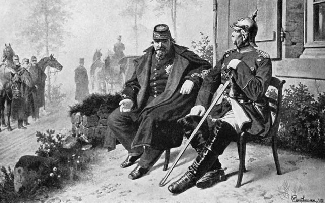 Napoleon III having a conversation with Bismarck after being captured in the Battle of Sedan. Image Source: Wikipedia