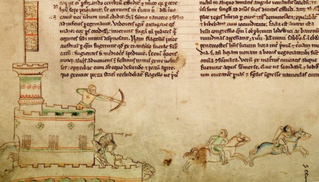 A 13th-century depiction of the Second Battle of Lincoln, which occurred at Lincoln Castle on 20 May 1217 during the First Barons' War between the forces of the future Louis VIII of France and those of King Henry III of England
