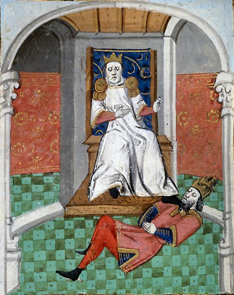 Alp Arslan humiliating Emperor Romanos IV. From a 15th-century illustrated French translation of Boccaccio's De Casibus Virorum Illustrium. Source: Wikipedia